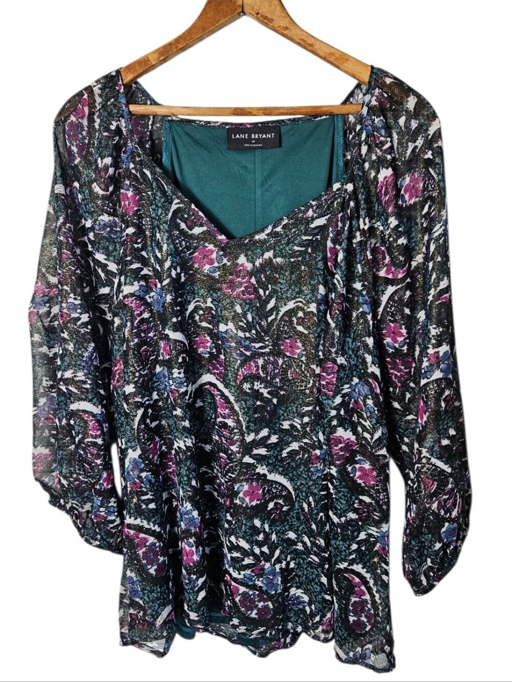 Lane Bryant Teal Floral Print Long-Sleeve Lightweight Blouse, Size 18